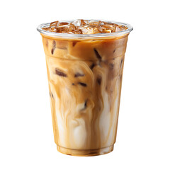 Tall, clear plastic cup filled with a light brown iced coffee beverage with visible ice.