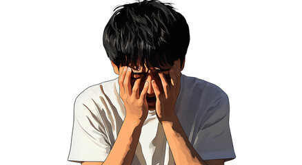  A man of Asian descent crying with his hands on his face, against a white background, in a sticker-like style, with a transparent PNG format