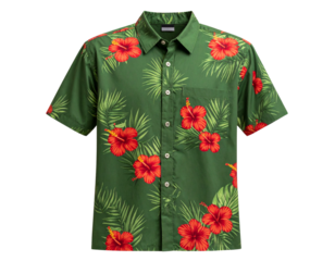Tropical Green Hawaiian Shirt with Red Floral Pattern on transparent Background, PNG