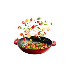 Red fry pan with falling vegetable slices isolated on a transparent background, in a PNG format