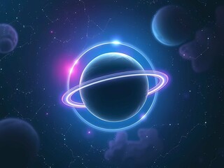 Obraz premium Surreal alien world, luminous planetary rings, deep space background, colorful nebula starscape, night universe scene