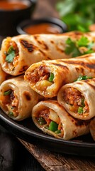 Deliciously rolled roti filled with savory ingredients, garnished with herbs, served with dipping sauce.