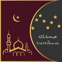 Classic Eid Mubarak greeting card with maroon and black background. included mosque outline, hanging lanterns, crescent moon and golden stars for Islamic holiday card design and decoration.