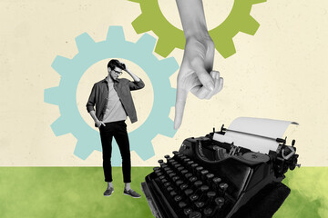 Poster art collage of person stand near type machine cog gear wheel on pastel background