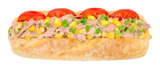 Tuna fish and sweetcorn sandwich in a crusty baguette sub roll with sliced tomatoes isolated on a white background