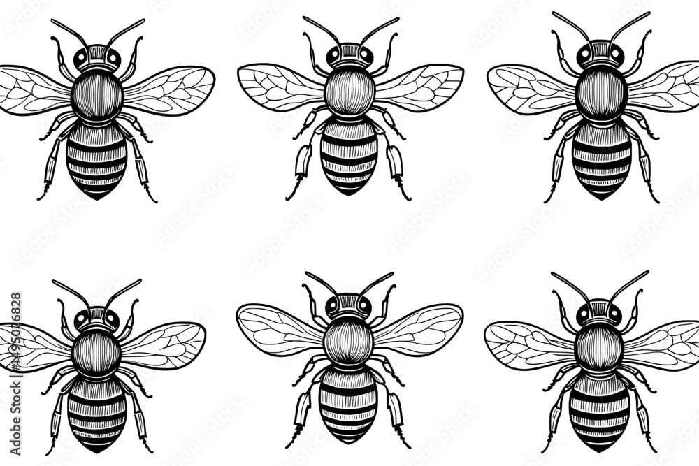 Poster hand draw a doodle of a bee and set the style to cartoon outline lines featuring multiple bees