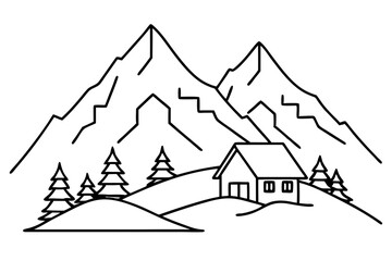 snow covered mountain with winter cabins vector illustration