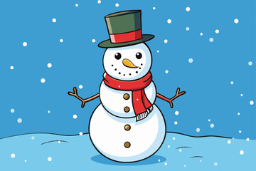 vector snowman with scarf and top hat in snowfall vector illustration