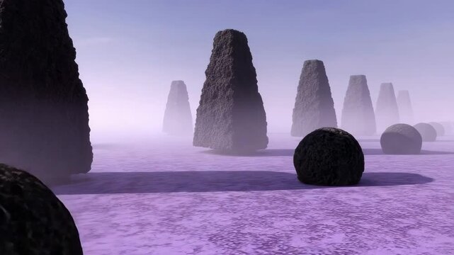 Mysterious landscape with monolithic structures mist