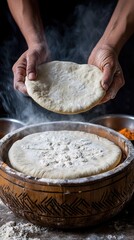 A person is holding a round, uncooked dough above a steaming container, preparing to cook traditional bread.
