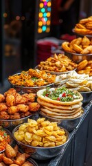 Fototapeta premium A vibrant display of various savory snacks and appetizers arranged in bowls, showcasing colorful ingredients and enticing textures.