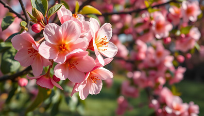 Vibrant spring banner featuring delicate apricot blossoms amidst a lush blooming garden, close-up with ample text space, dramatic. isolated with white highlights
