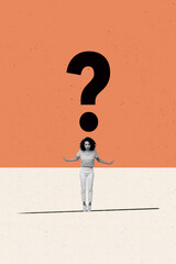 Vertical image trend photo collage of happy businesswoman businessman stand question mark strategy...