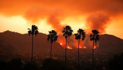 Fiery sunset over hills with palm trees and wildfire smoke