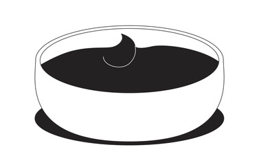 Dipping sauce in white bowl 2D line object. Tomato dip. Ketchup dip. Savory condiment. Spicy flavor. Food container isolated clipart vector ink outline item. Monochrome spot illustration