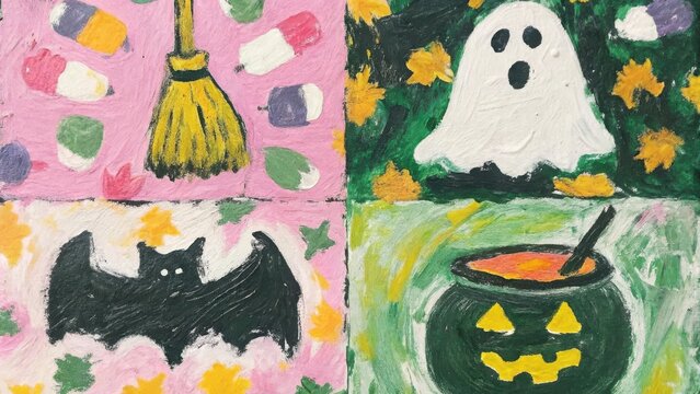 Colorful Halloween-themed painting featuring a broom, ghost, bat, and cauldron in four quadrants.
