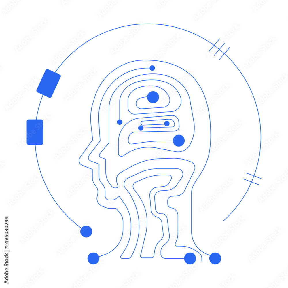 Poster digital human head circuit line onboarding ui illustration. artificial intelligence. machine learnin