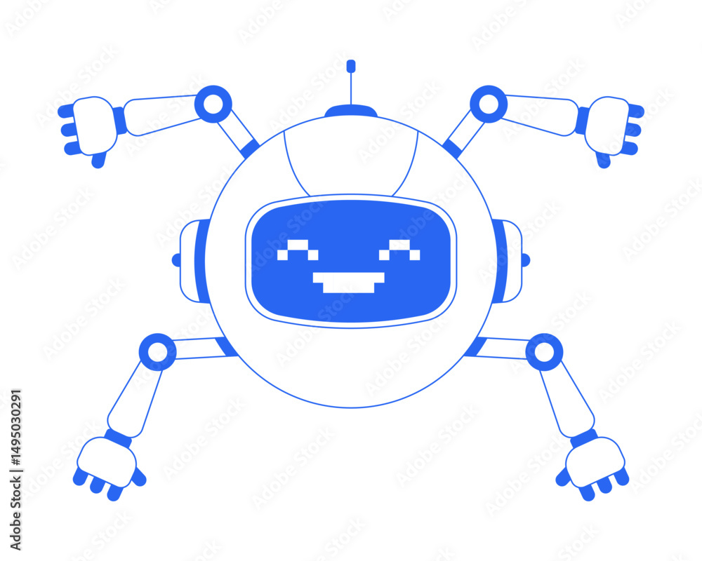 Poster robotics helper with pixelated smile line onboarding ui illustration. round robot with multiple arms