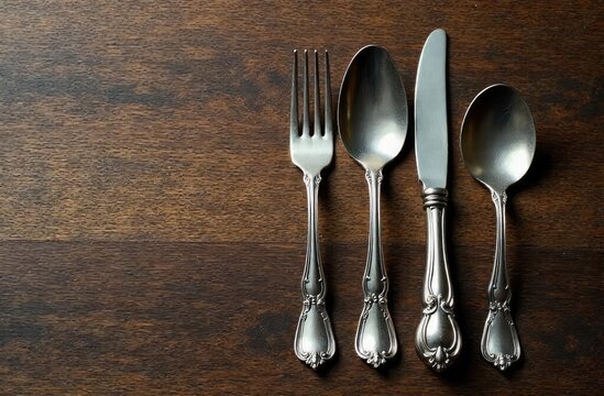 intage silverware on rustic wooden background. Top view of kitchen cutlery setting on grunge restaurant table