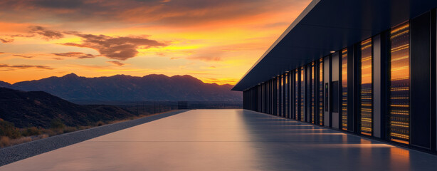 A sleek, modern data center exterior set against a vibrant sunset, with mountains in the background 