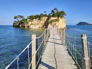 Wooden bridge to Cameo island, Zakynthos, Greece.  Cameo islet is called wedding island. Ionian sea.