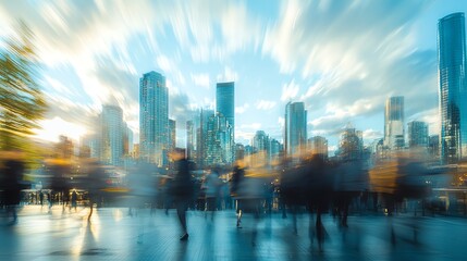 Sunset skyline with blurred people