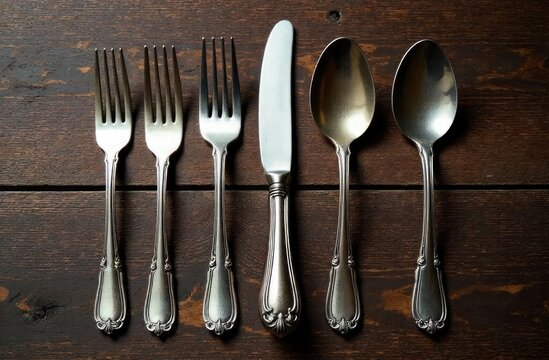 intage silverware on rustic wooden background. Top view of kitchen cutlery setting on grunge restaurant table