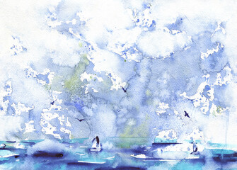 Watercolor painted abstract blue and turquoise sea and sailboats