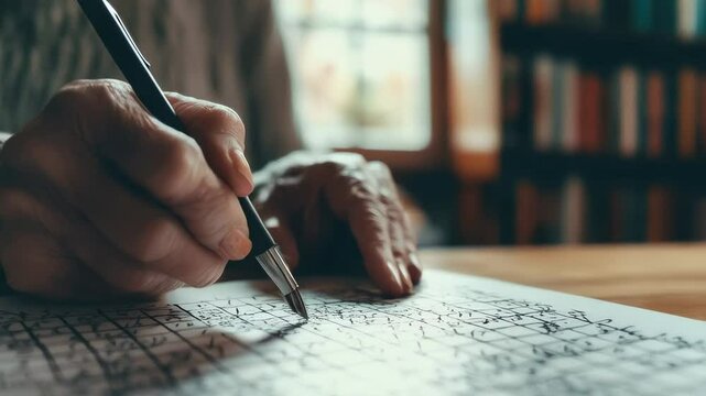 Wrinkled hands of an elderly woman writing on a chess notation sheet, developing a game strategy and enjoying her intellectual hobby in a cozy environment with a bookcase in the background