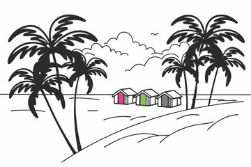 Palm lined beach with colorful huts along the shore vector illustration