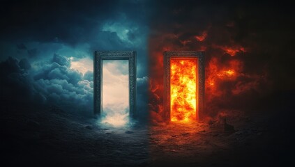 Two opposing doorways, one white, one fiery, in a dramatic landscape