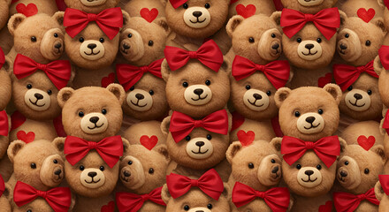 Cute teddy bears with red bows and hearts, displayed in a repeating pattern. A cheerful group of teddy bears with festive decorations.
