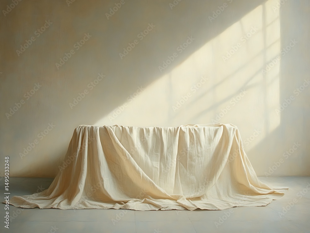 Poster minimalist display platform draped in soft fabric under natural light casting shadows