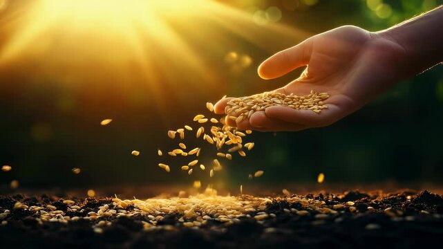 A hand sows wheat into the ground. The photo can be used to illustrate the gospel parables	