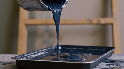 Macro detail of a thin stream of glossy dark blue paint poured from a small steel can into a black plastic tray, a realistic liquid rope captured in mid-air with visible weight and thickness.