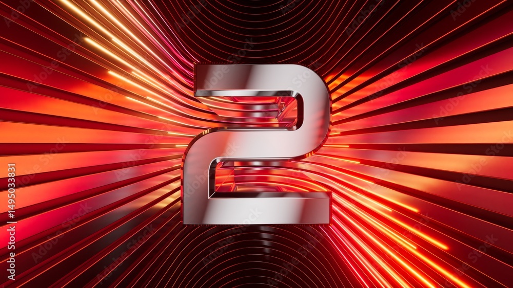 Aufkleber 3d rendering of a metallic number two with curved red neon lines on a background. futuristic digit 2