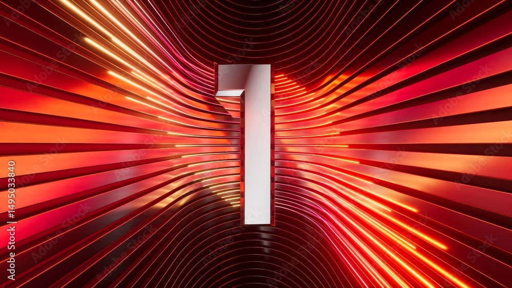 Aufkleber 3d rendering of a metallic number one with curved red neon lines on a background. futuristic digit 1