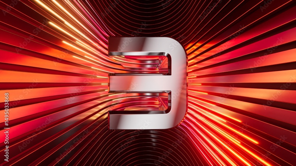 Aufkleber 3d rendering of a metallic number two with curved red neon lines on a background. futuristic digit 2