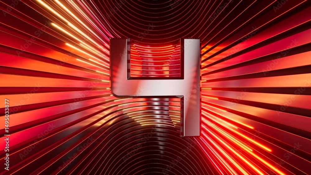 Aufkleber 3d rendering of a metallic number four with curved red neon lines on a background. futuristic digit 