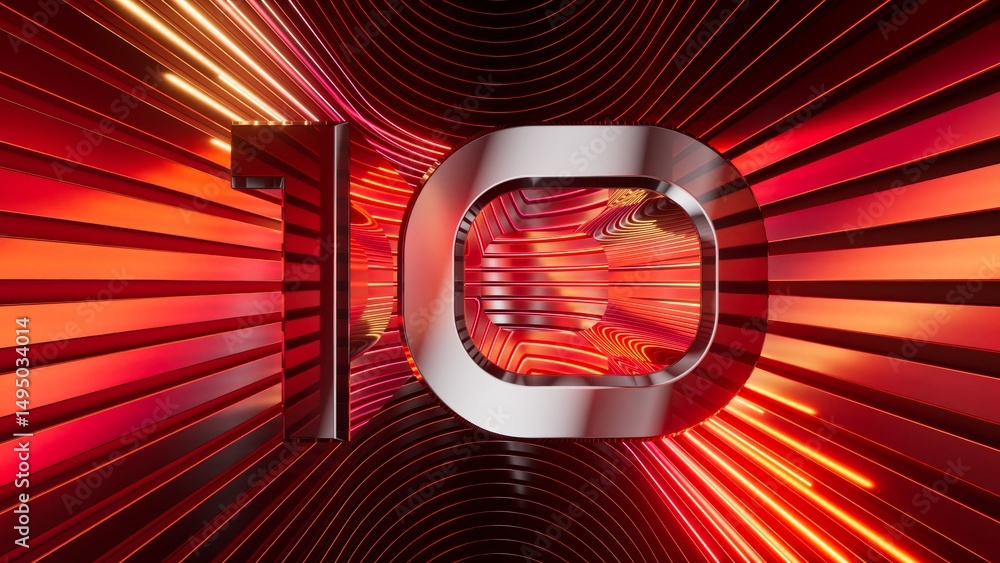 Aufkleber 3d rendering of a metallic number ten with curved red neon lines on a background. futuristic digit 1