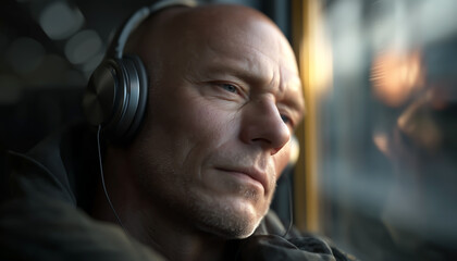 A man wearing headphones, enjoying music on a train.  Generative AI.
