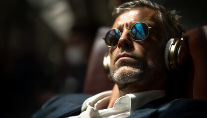 A man wearing headphones, enjoying music on a train.  Generative AI.
