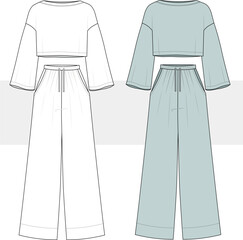 Oversize cotton cropped top sweatshirt and wide leg sweatpants suit drawing. Fashion Illustration, Vector, CAD, Technical Drawing, Flat Drawing, Template, Mockup.