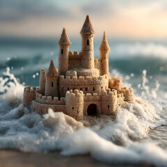 Coastal sandcastle kingdom amidst ocean's foam, showcasing ephemeral architecture