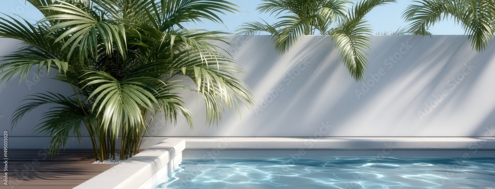 Poster bright sunlight illuminates a minimalist pool next to a white wall and a palm tree, creating a seren