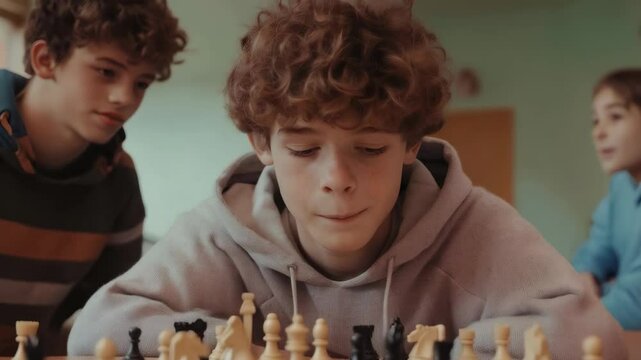 Group of young students concentrating on chessboard, developing critical thinking and problem solving abilities during chess club activity, fostering intellectual growth through board games