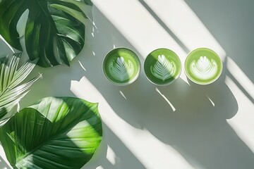 Three matcha lattes with latte art, surrounded by tropical leaves, in sunlight