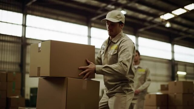 Soldiers working together in a warehouse, lifting and stacking boxes for an important mission in a bustling military environment