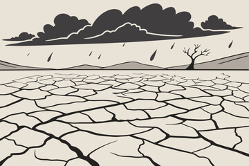 Cracked Dry Desert Floor with Approaching Storm Clouds Vector Illustration