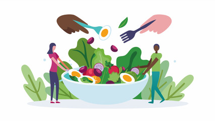 People preparing a large salad with lettuce, eggs, radishes and other vegetables in a large bowl together